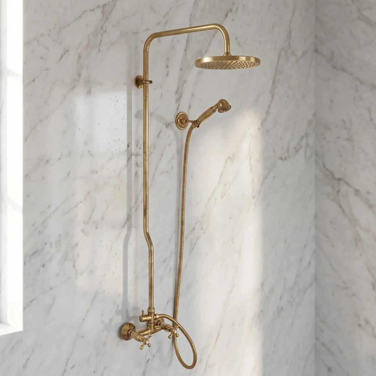 Unlacquered Brass Shower System with Handheld | Solid Brass Wall Mounted Rainfall Shower - BRASSDORIA