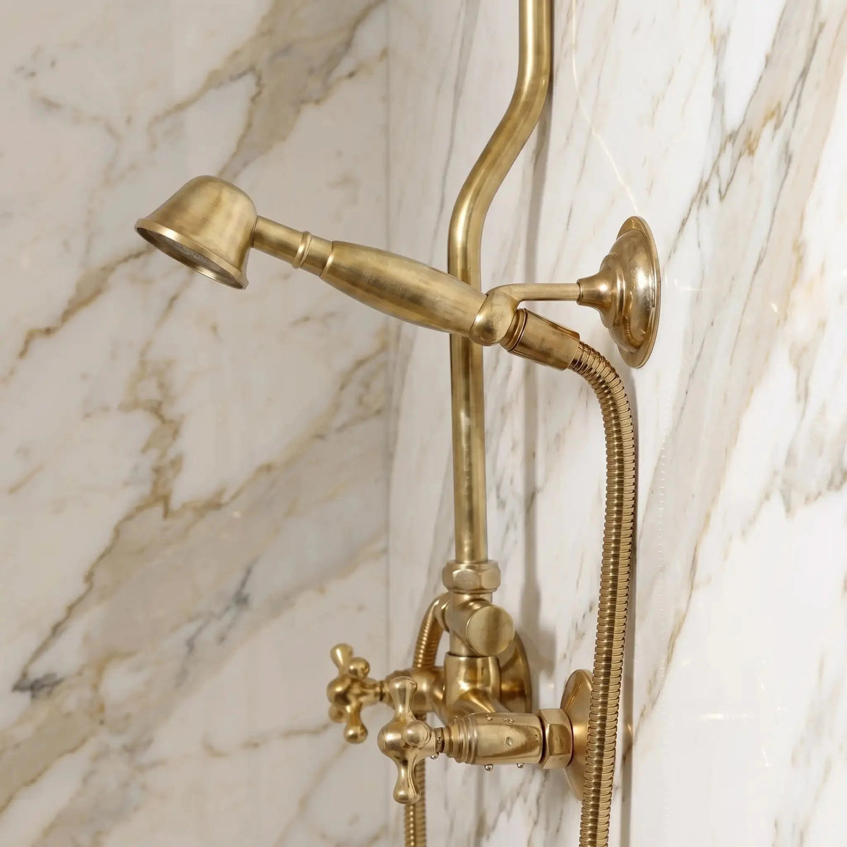 Unlacquered Brass Shower System with Handheld | Solid Brass Wall Mounted Rainfall Shower - BRASSDORIA