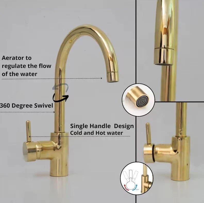 Unlacquered Brass Single Hole Basin Faucet, Antique Brass Sink Mixer Tap, Bar Prep Faucet - BRASSDORIA