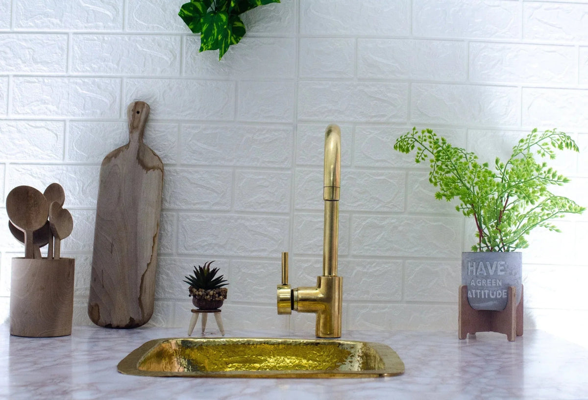 Unlacquered Brass Single Hole Basin Faucet, Antique Brass Sink Mixer Tap, Bar Prep Faucet - BRASSDORIA