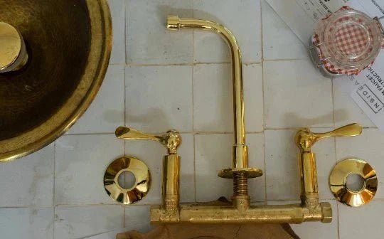 Unlacquered Brass Wall Mount Built In Bathroom Vanity Sink Faucet - BRASSDORIA
