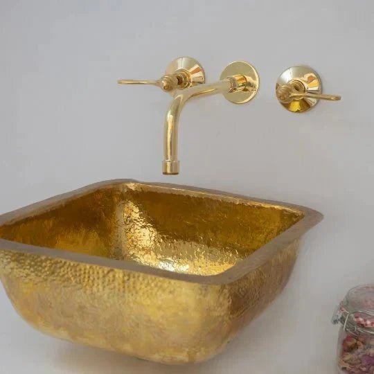 Unlacquered Brass Wall Mount Built In Bathroom Vanity Sink Faucet - BRASSDORIA