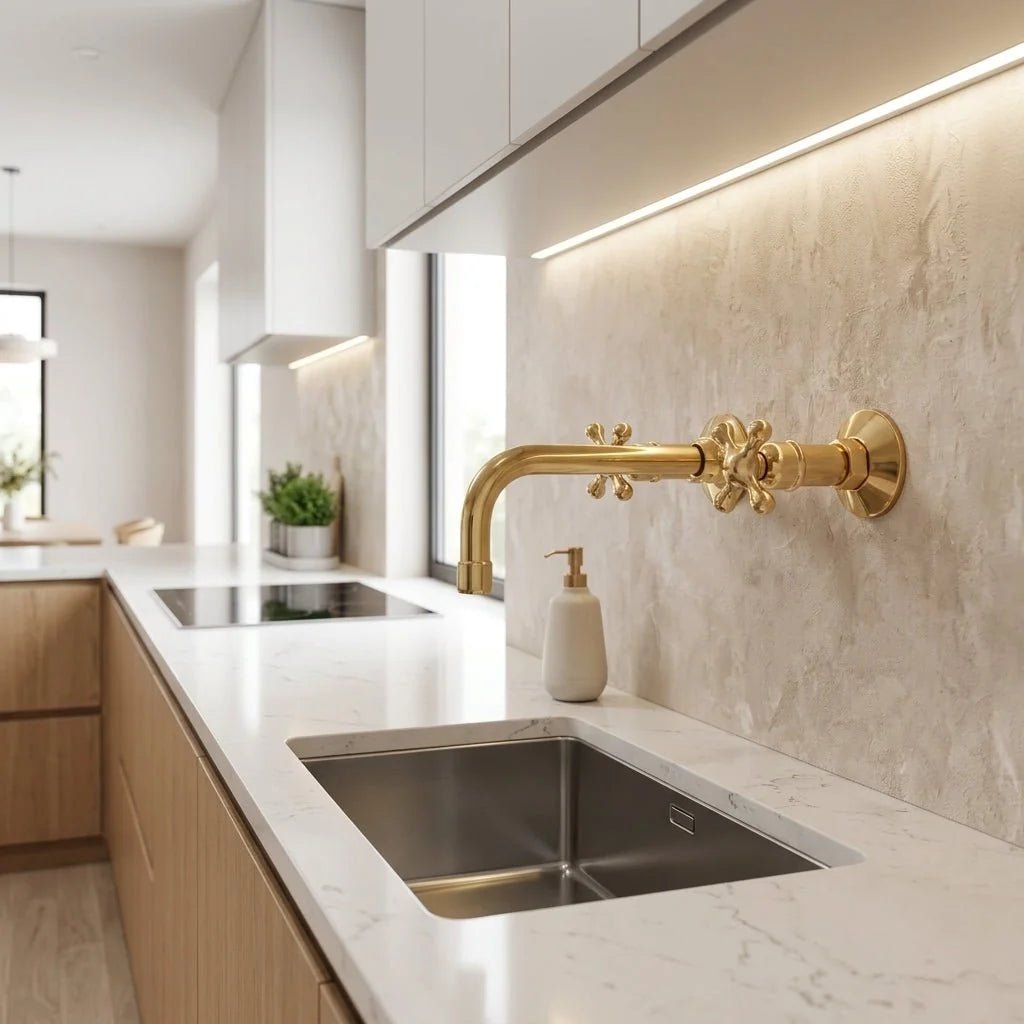 Unlacquered Brass Wall Mount Faucet for Bathroom and Kitchen - BRASSDORIA