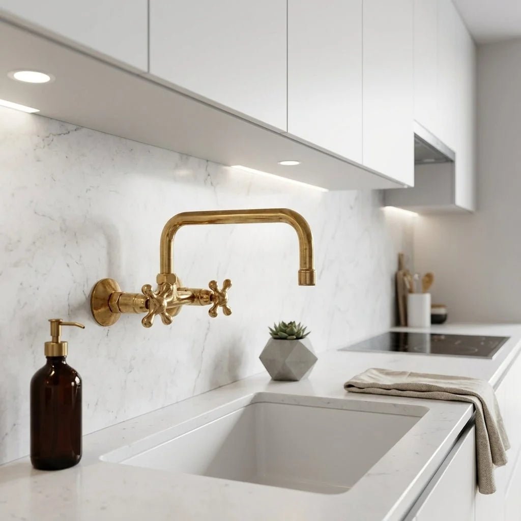 Unlacquered Brass Wall Mount Faucet for Bathroom and Kitchen - BRASSDORIA