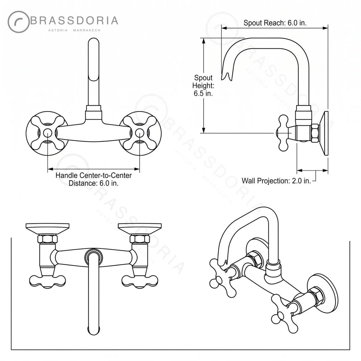 Unlacquered Brass Wall Mount Faucet – Hammered Bridge Faucet with Cross Handles - BRASSDORIA