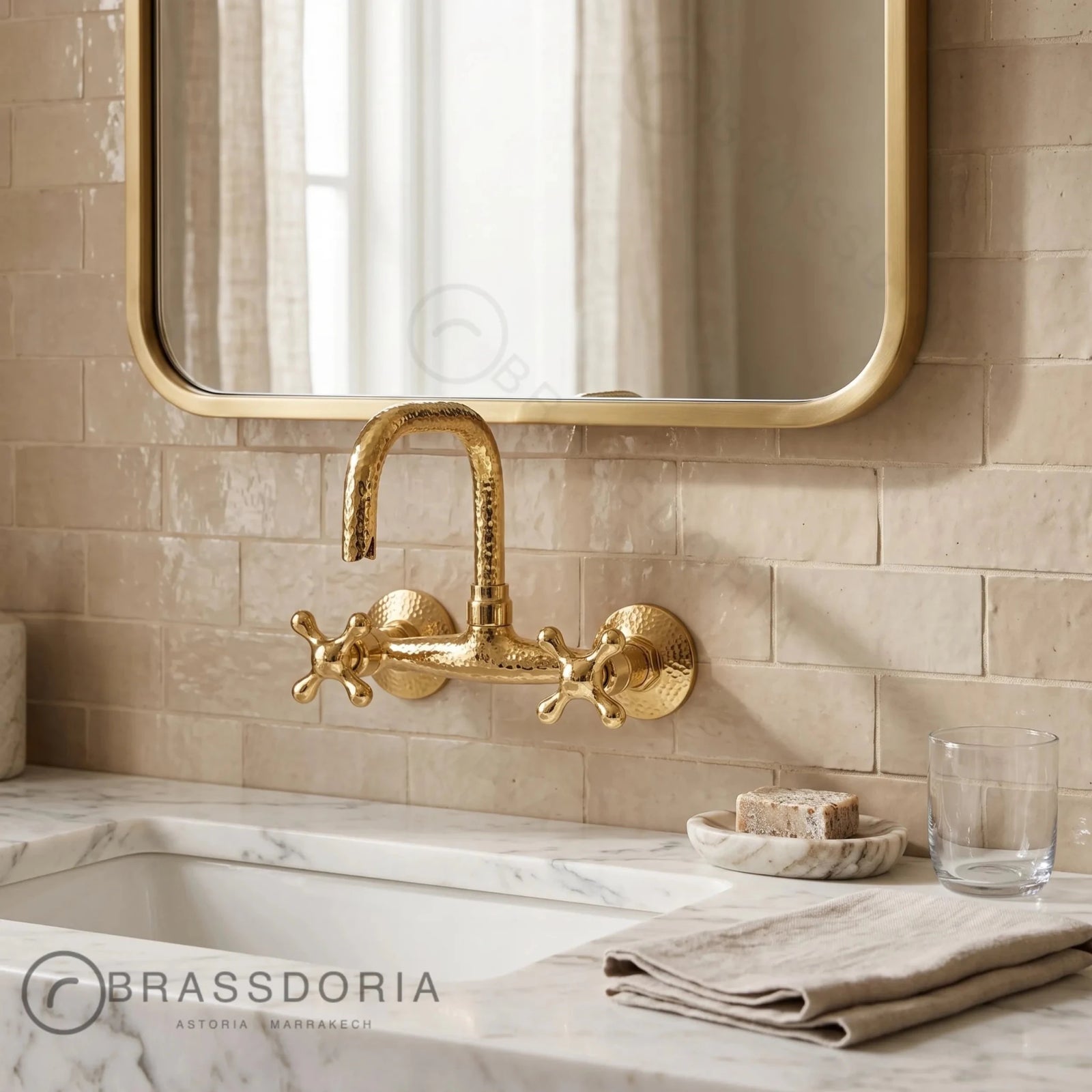 Unlacquered Brass Wall Mount Faucet – Hammered Bridge Faucet with Cross Handles - BRASSDORIA
