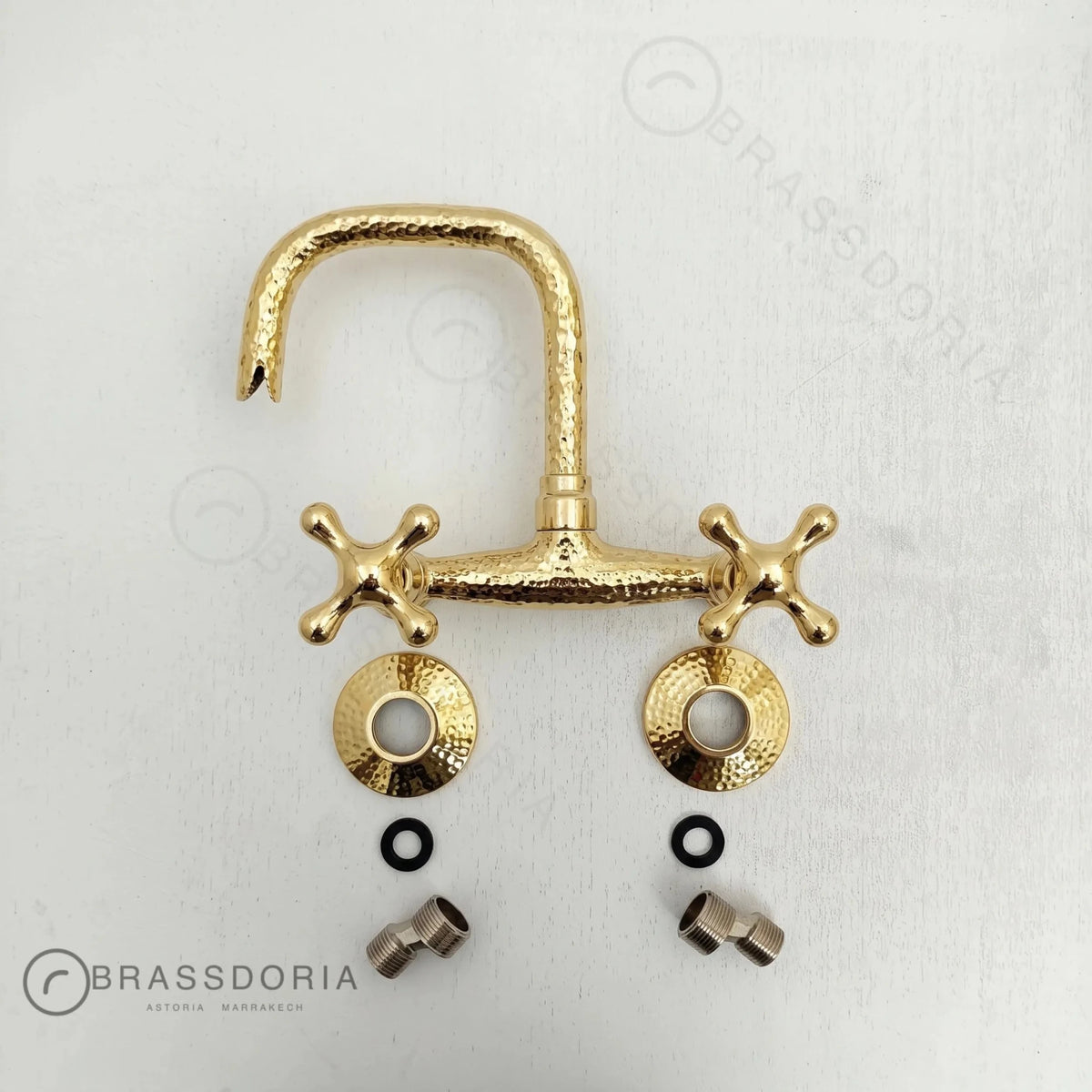 Unlacquered Brass Wall Mount Faucet – Hammered Bridge Faucet with Cross Handles - BRASSDORIA