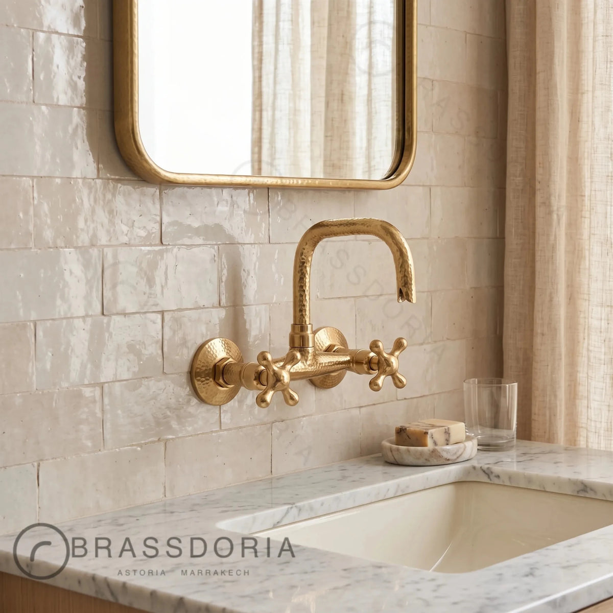 Unlacquered Brass Wall Mount Faucet – Hammered Bridge Faucet with Cross Handles - BRASSDORIA
