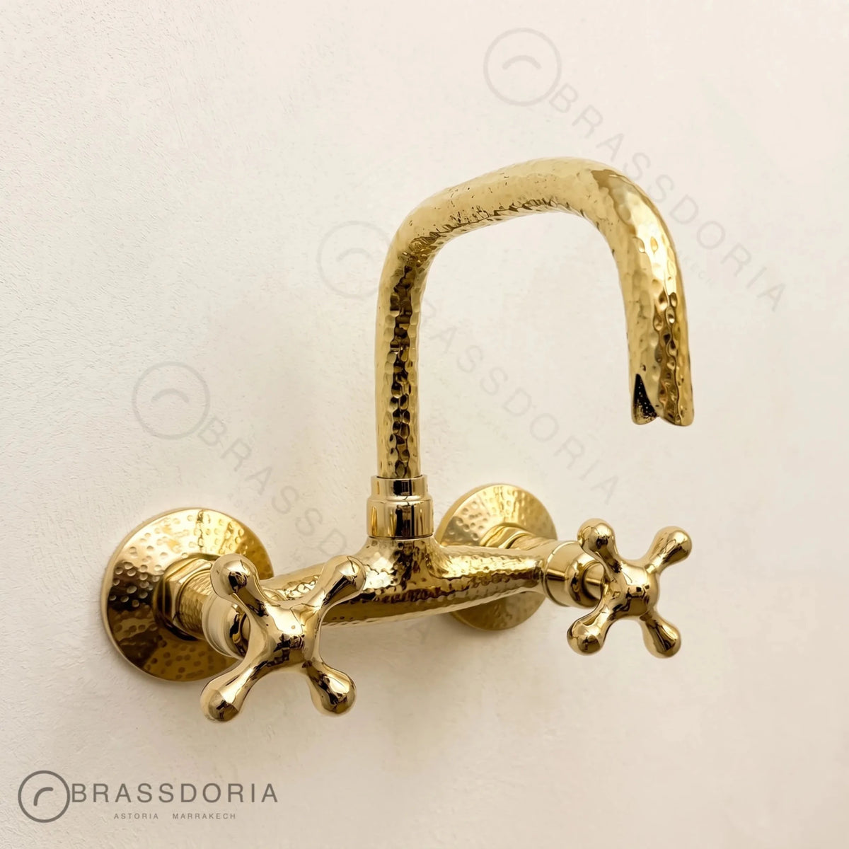 Unlacquered Brass Wall Mount Faucet – Hammered Bridge Faucet with Cross Handles - BRASSDORIA