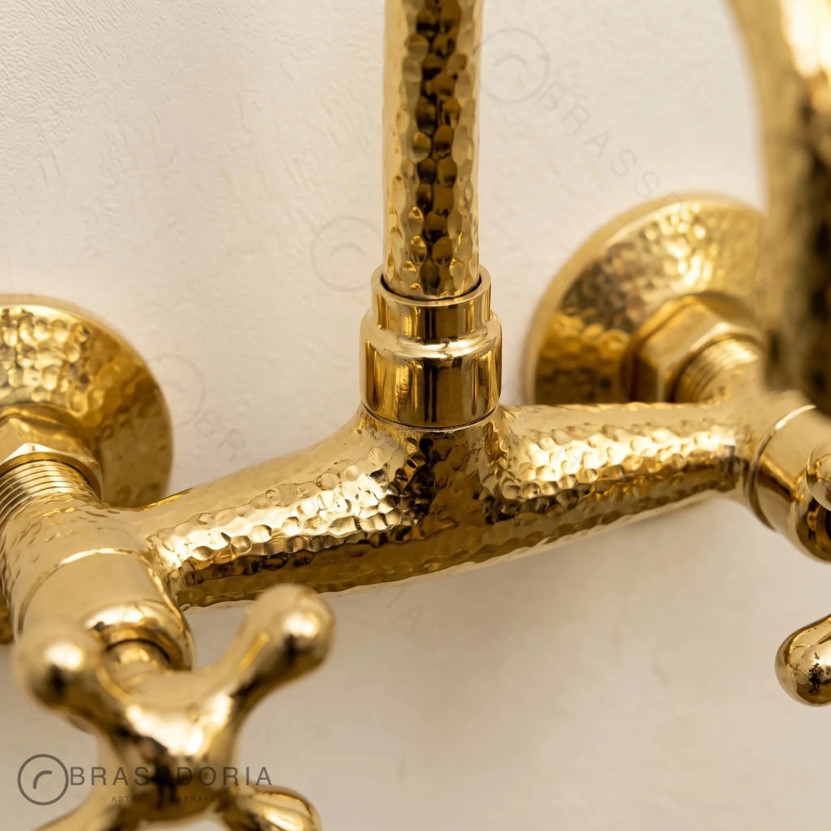 Unlacquered Brass Wall Mount Faucet – Hammered Bridge Faucet with Cross Handles - BRASSDORIA