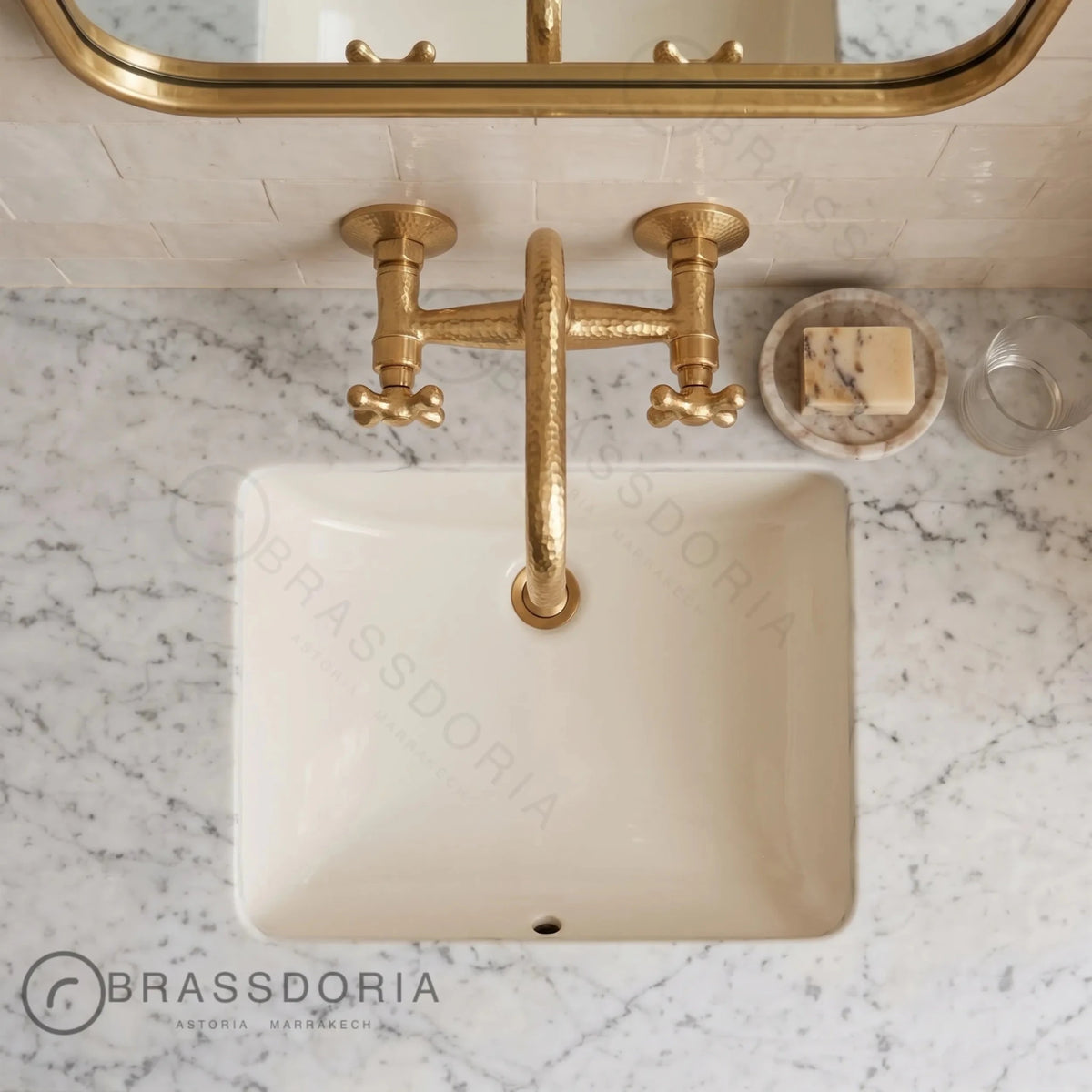 Unlacquered Brass Wall Mount Faucet – Hammered Bridge Faucet with Cross Handles - BRASSDORIA