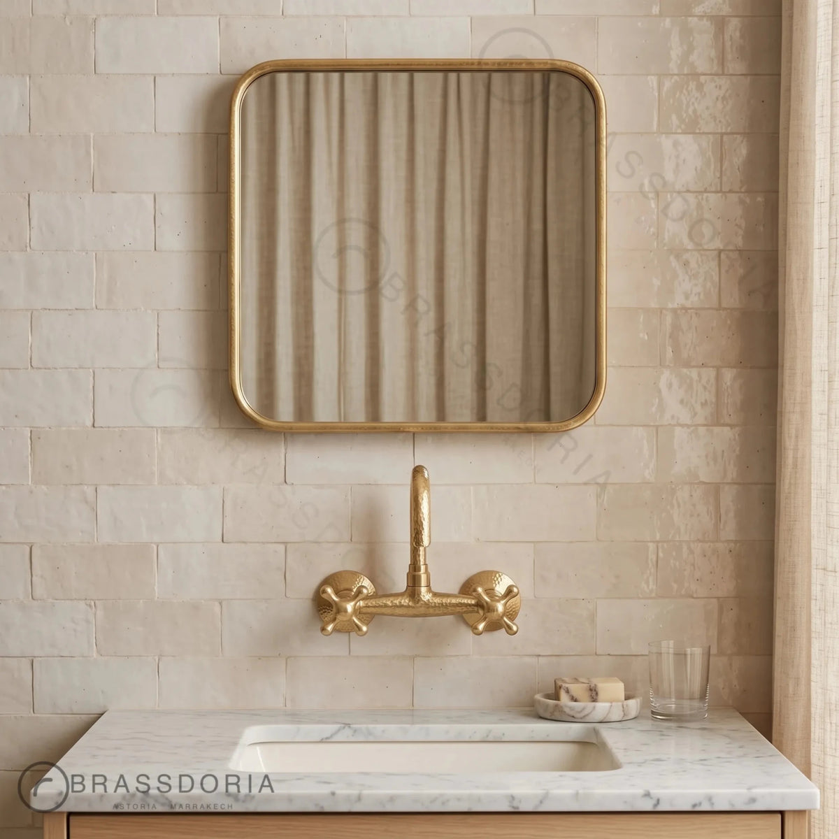 Unlacquered Brass Wall Mount Faucet – Hammered Bridge Faucet with Cross Handles - BRASSDORIA