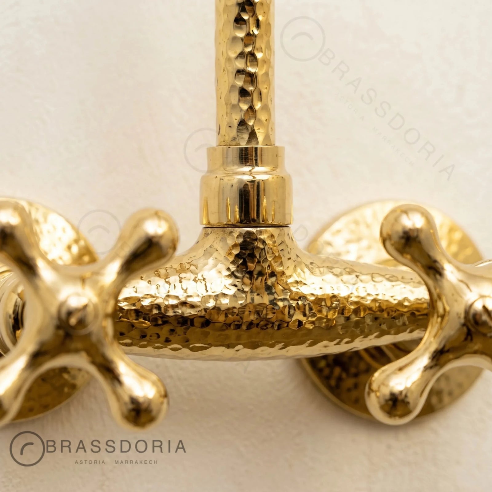 Unlacquered Brass Wall Mount Faucet – Hammered Bridge Faucet with Cross Handles - BRASSDORIA