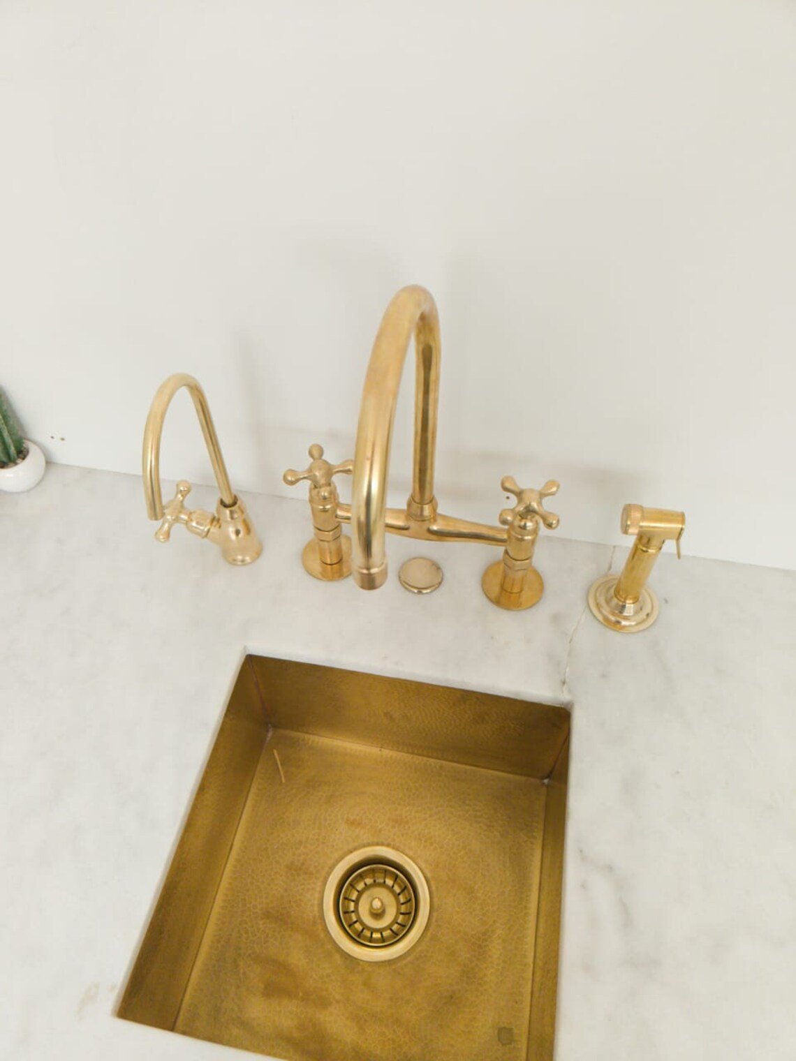 Unlacquered Brass Wall Mount Faucet, Two Handle Hot & Cold Sink Tap - BRASSDORIA