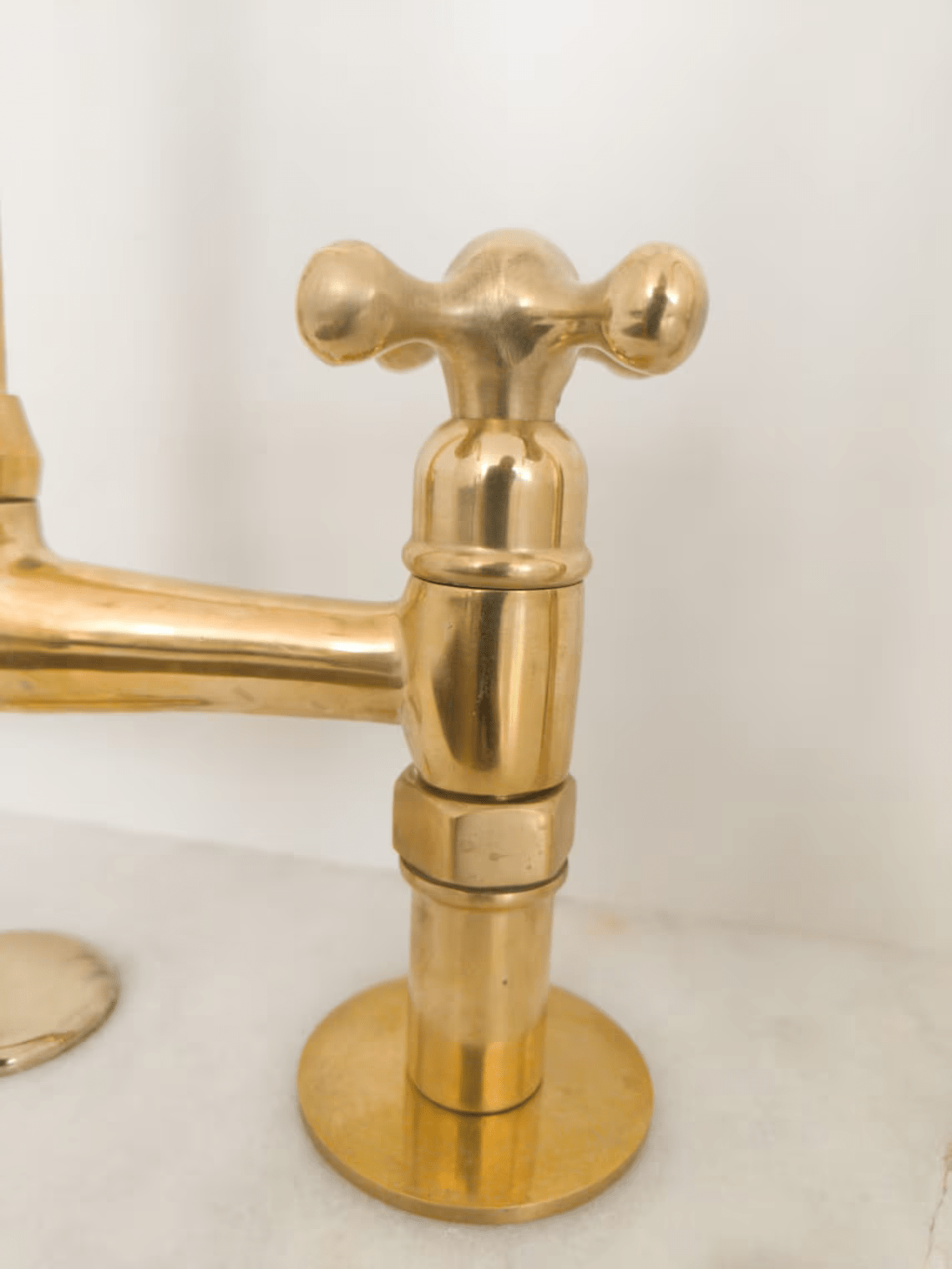 Unlacquered Brass Wall Mount Faucet, Two Handle Hot & Cold Sink Tap - BRASSDORIA