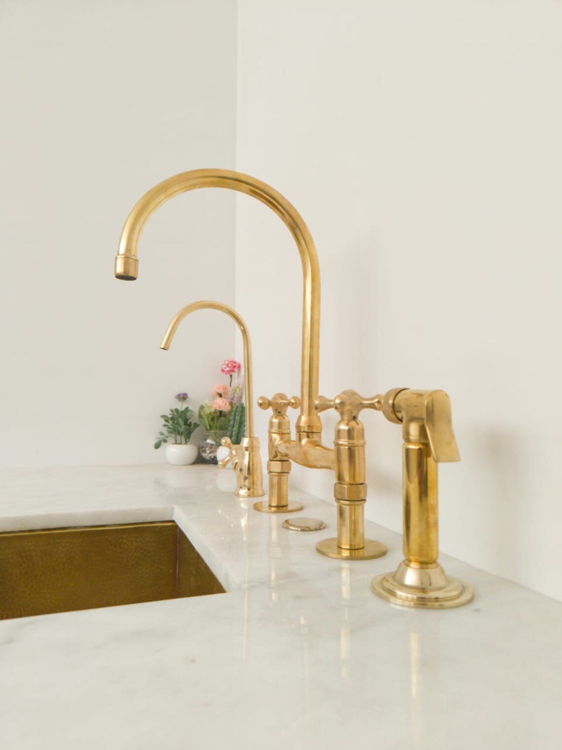 Unlacquered Brass Wall Mount Faucet, Two Handle Hot & Cold Sink Tap - BRASSDORIA