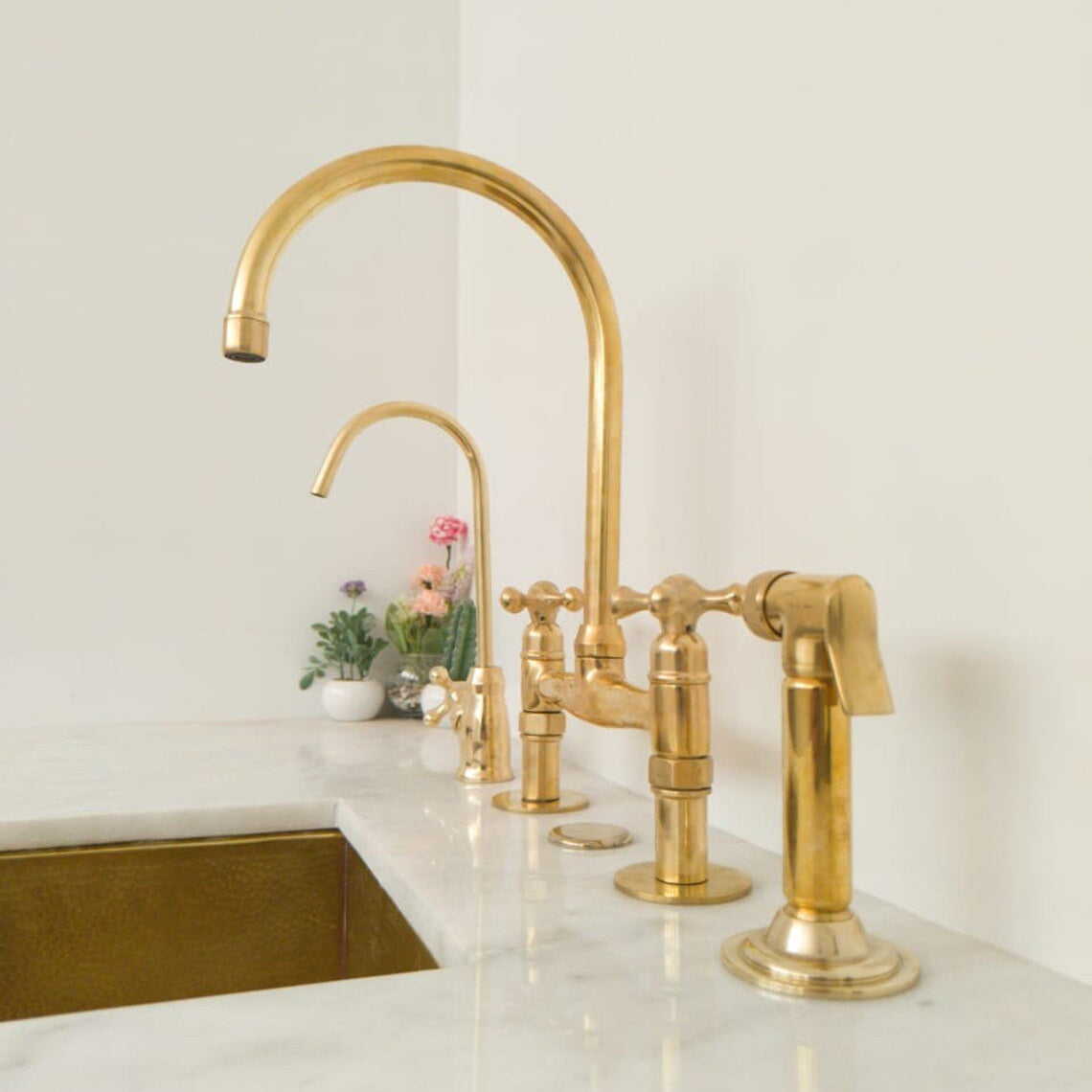 Unlacquered Brass Wall Mount Faucet, Two Handle Hot & Cold Sink Tap - BRASSDORIA