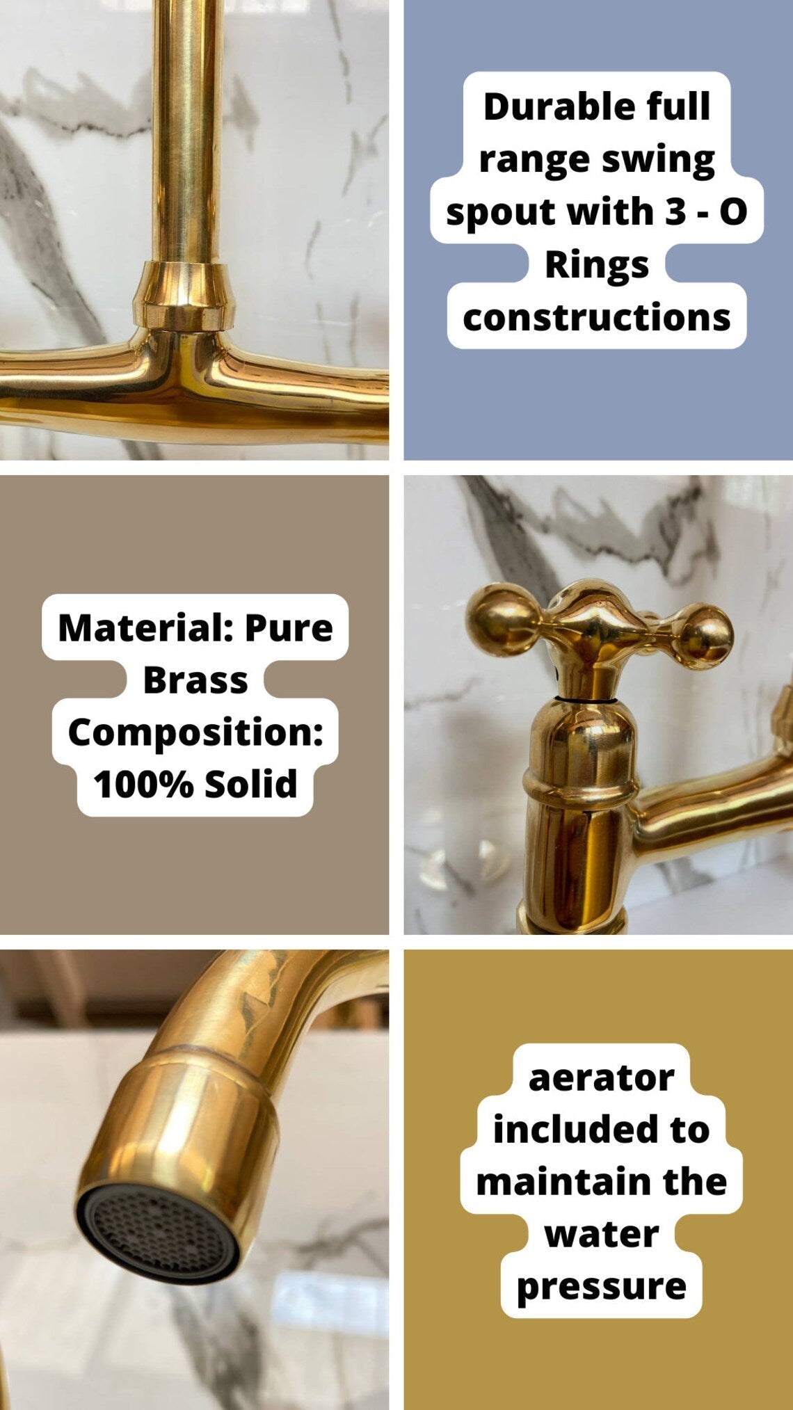 Unlacquered Brass Wall Mount Faucet, Two Handle Hot & Cold Sink Tap - BRASSDORIA