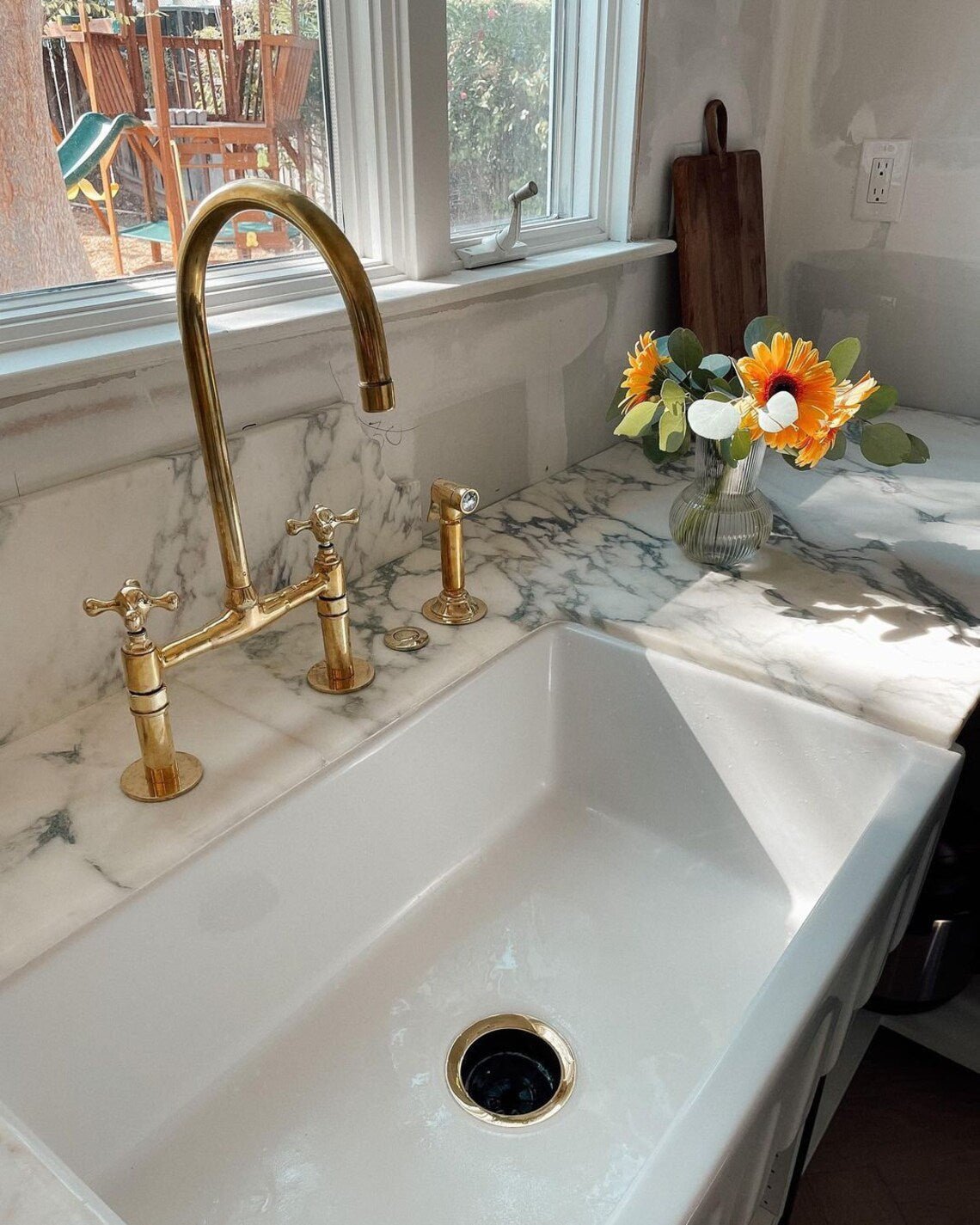 Unlacquered Brass Wall Mount Faucet, Two Handle Hot & Cold Sink Tap - BRASSDORIA