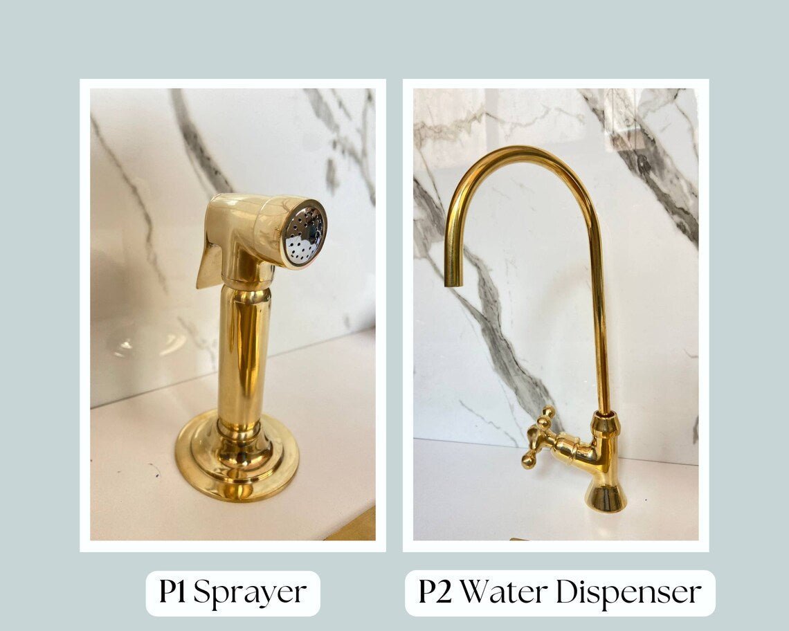 Unlacquered Brass Wall Mount Faucet, Two Handle Hot & Cold Sink Tap - BRASSDORIA