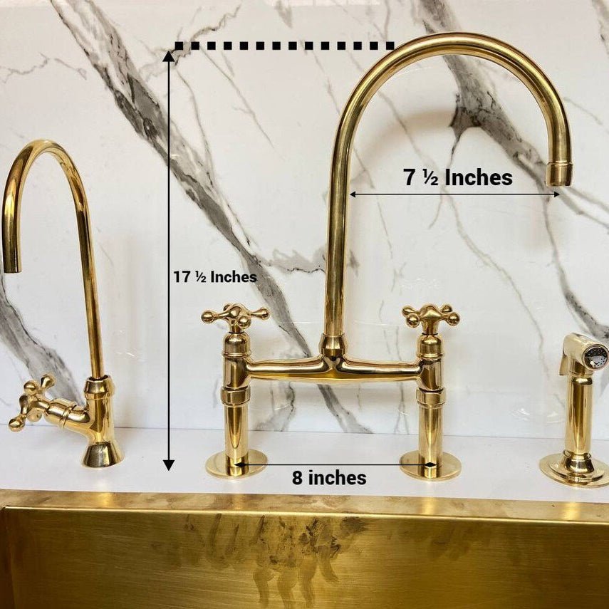 Unlacquered Brass Wall Mount Faucet, Two Handle Hot & Cold Sink Tap - BRASSDORIA