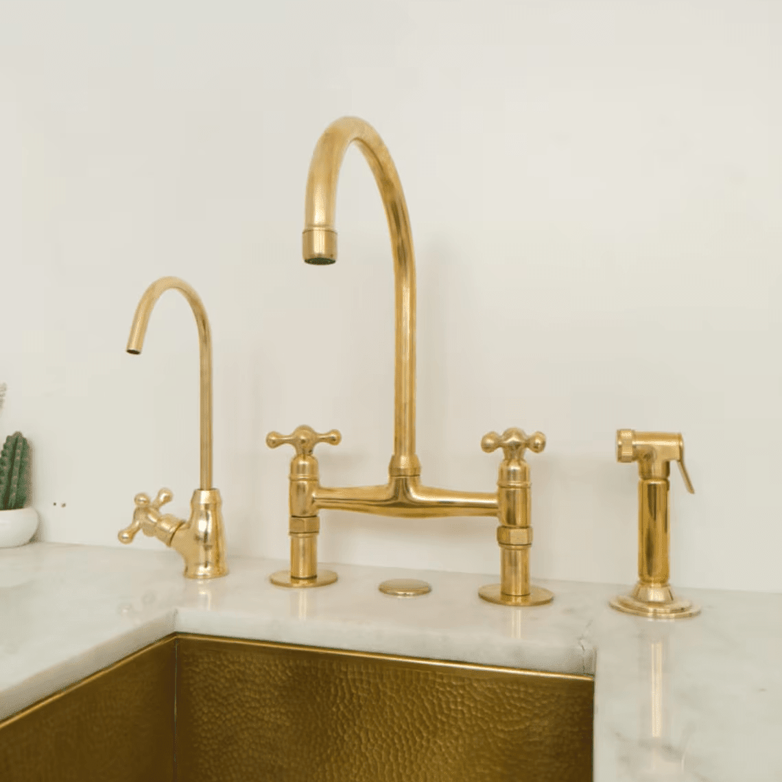 Unlacquered Brass Wall Mount Faucet, Two Handle Hot & Cold Sink Tap - BRASSDORIA