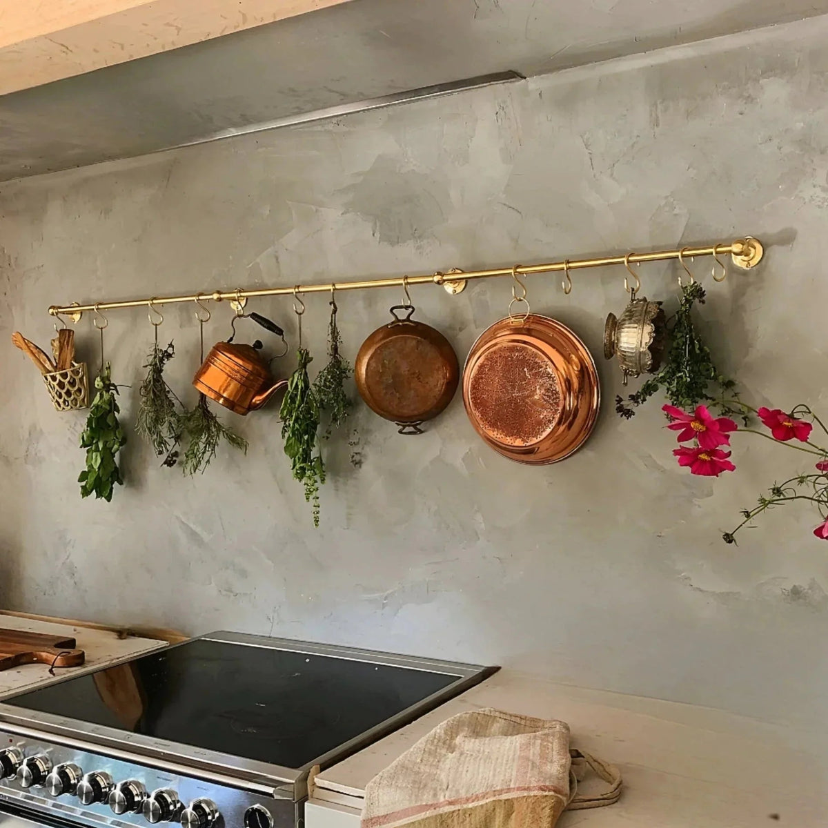 Unlacquered Brass Wall Mount Pot Rail Bar With Hooks, Brass Pot Rack - BRASSDORIA