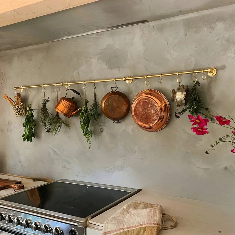 Unlacquered Brass Wall Mount Pot Rail Bar With Hooks, Brass Pot Rack - BRASSDORIA
