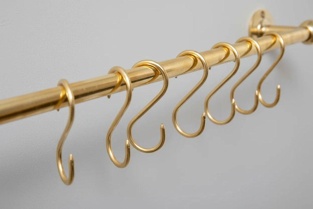 Unlacquered Brass Wall Mount Pot Rail Bar With Hooks, Brass Pot Rack - BRASSDORIA