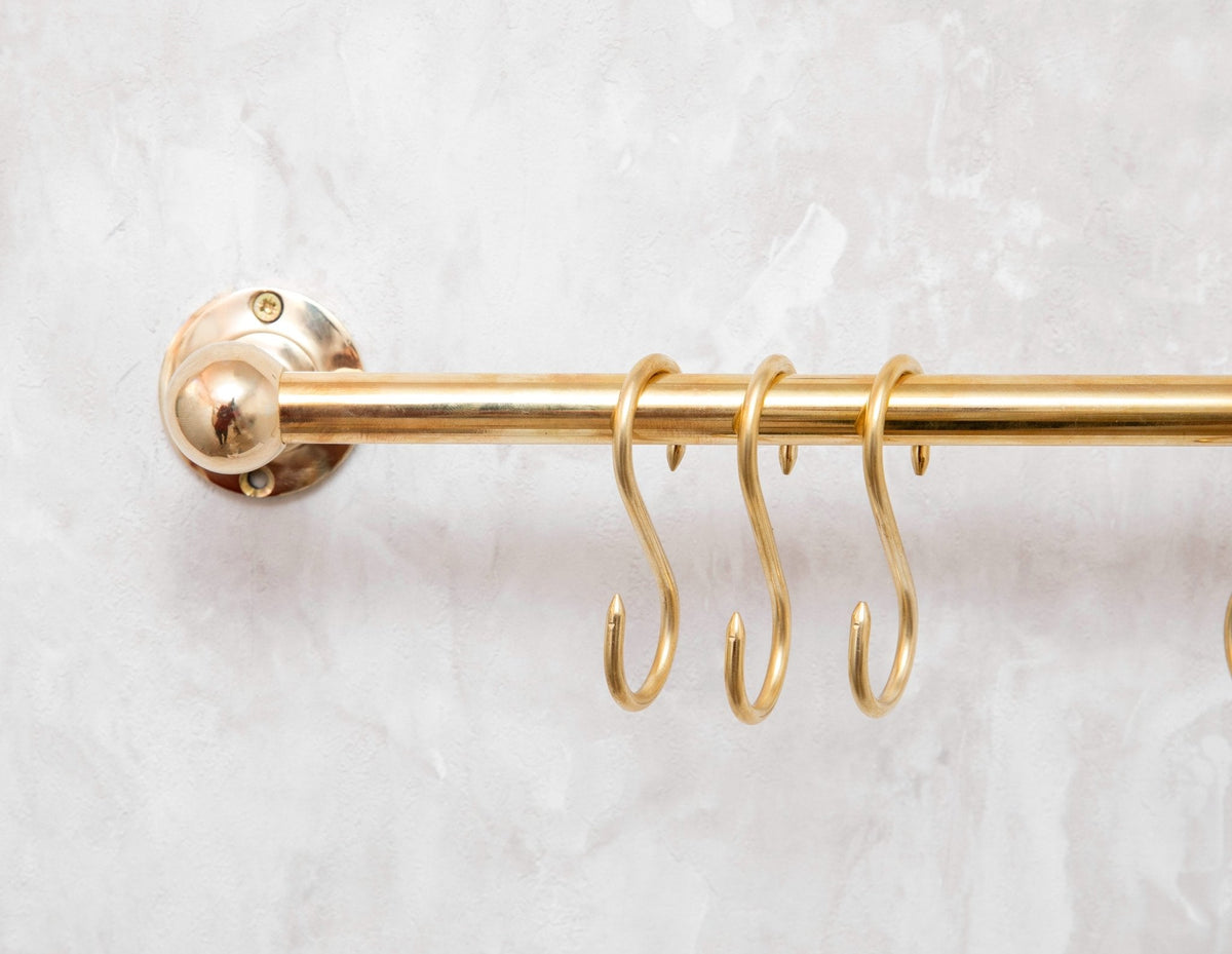Unlacquered Brass Wall Mount Pot Rail Bar With Hooks, Brass Pot Rack - BRASSDORIA