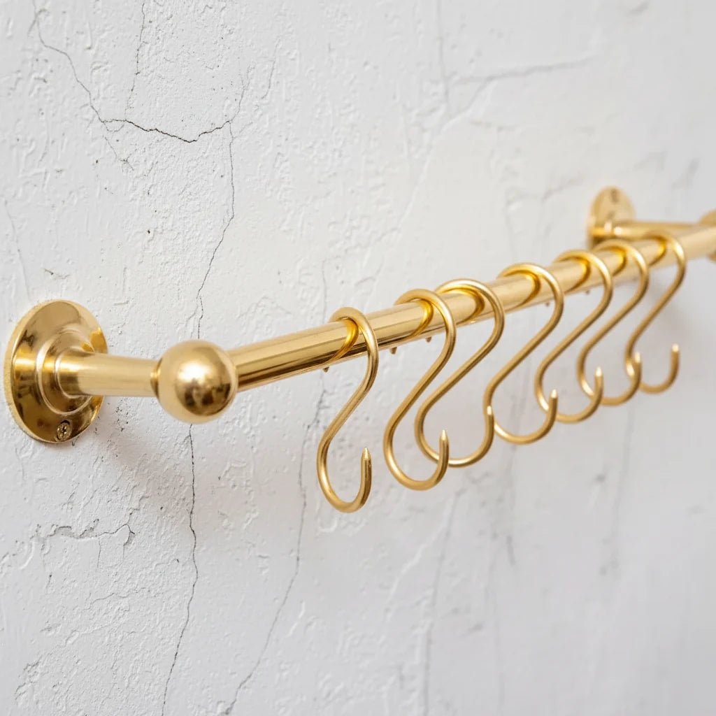 Unlacquered Brass Wall Mount Pot Rail Bar With Hooks, Brass Pot Rack - BRASSDORIA