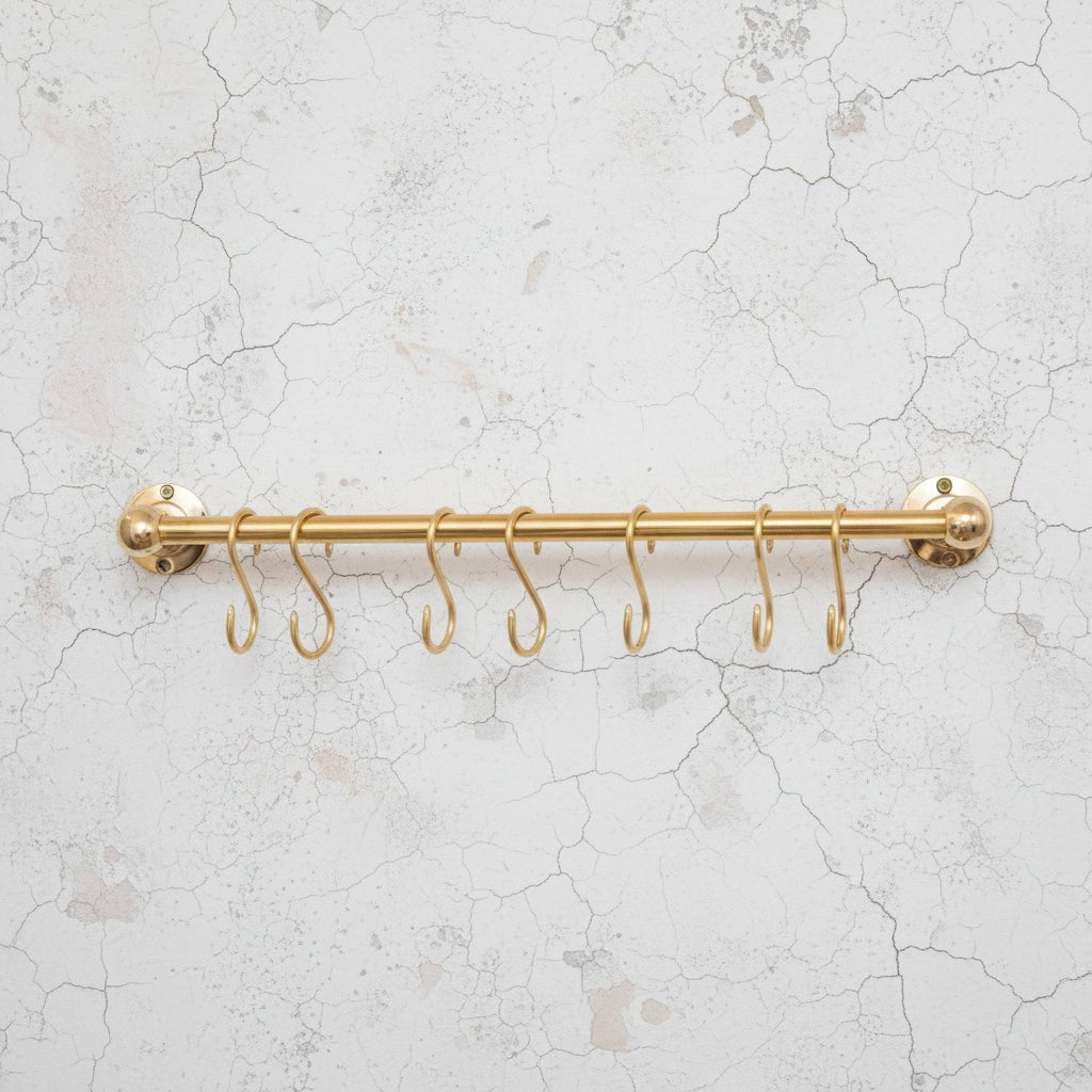 Unlacquered Brass Wall Mount Pot Rail Bar With Hooks, Brass Pot Rack - BRASSDORIA