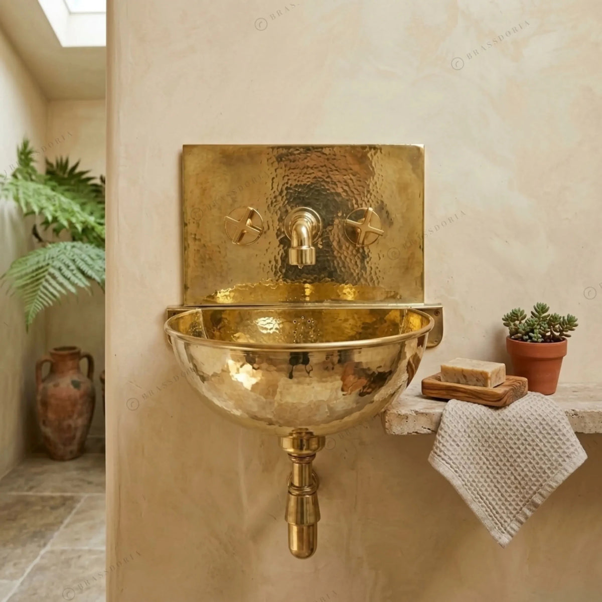 Unlacquered Brass Wall Mount Sink with Mixed Faucet – Hammered Wall-Hung Basin Set - BRASSDORIA