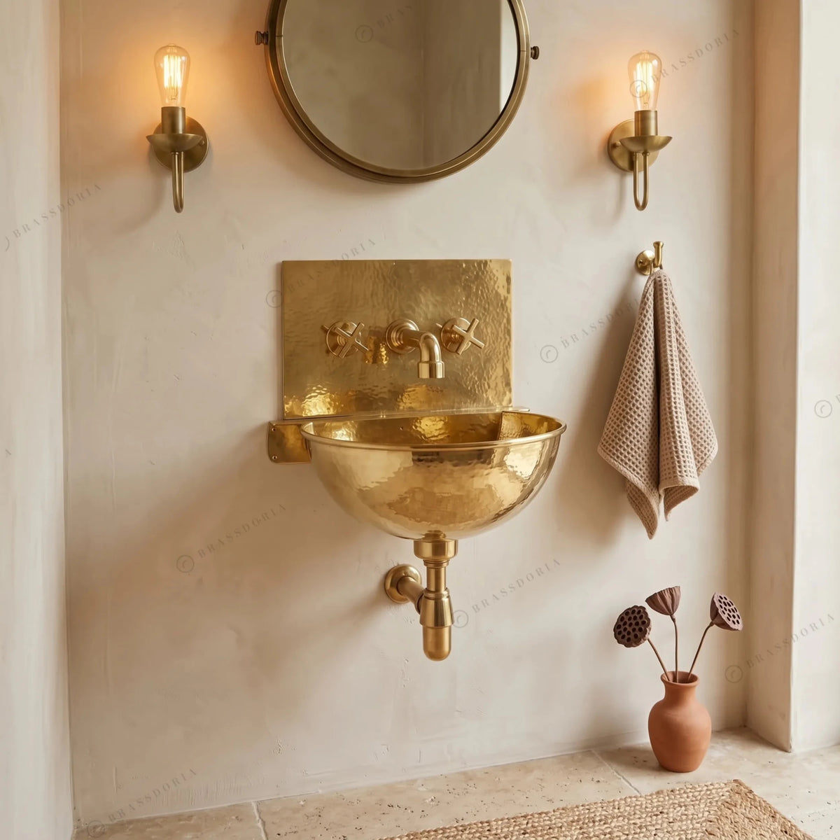 Unlacquered Brass Wall Mount Sink with Mixed Faucet – Hammered Wall-Hung Basin Set - BRASSDORIA