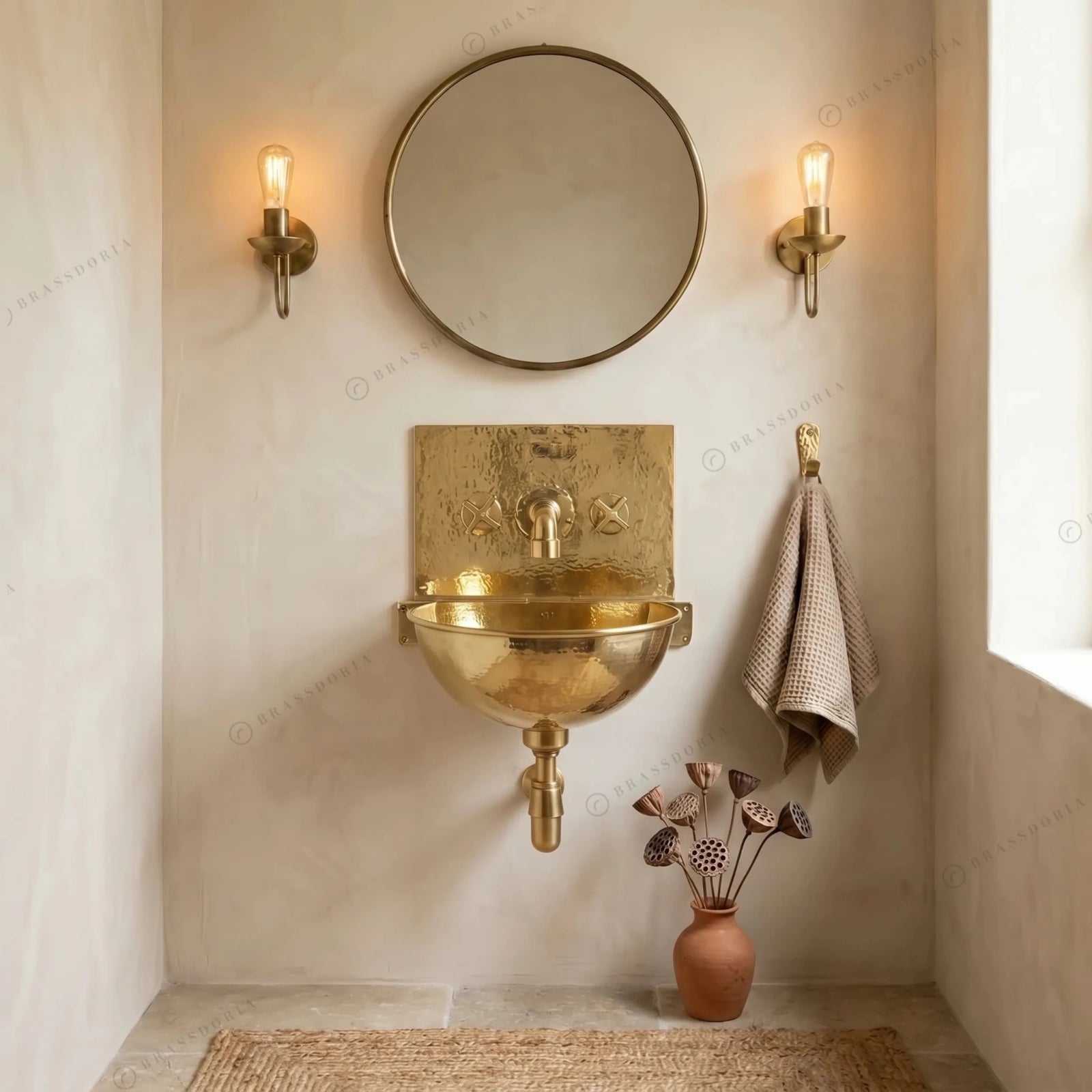 Unlacquered Brass Wall Mount Sink with Mixed Faucet – Hammered Wall-Hung Basin Set - BRASSDORIA
