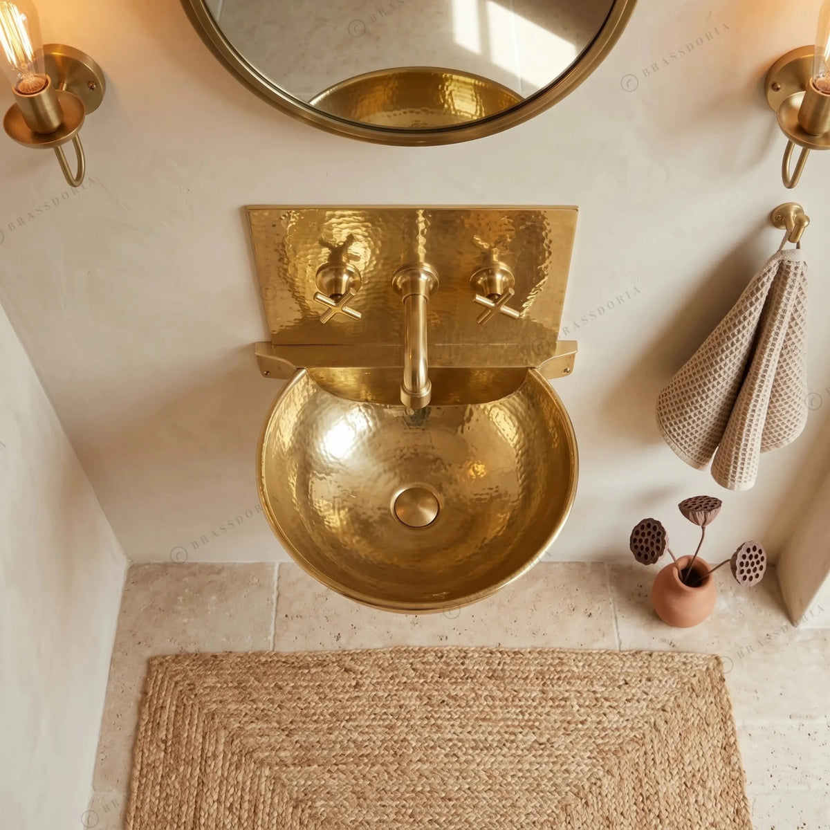 Unlacquered Brass Wall Mount Sink with Mixed Faucet – Hammered Wall-Hung Basin Set - BRASSDORIA