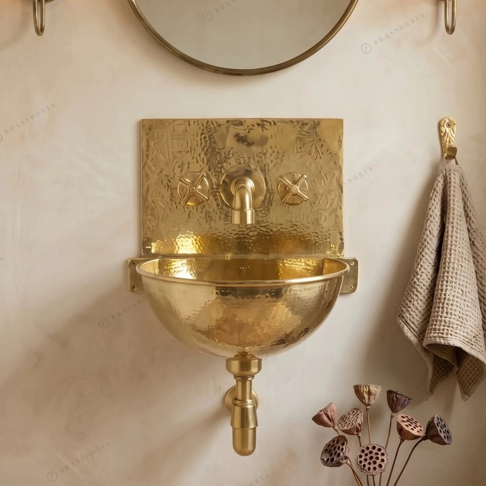 Unlacquered Brass Wall Mount Sink with Mixed Faucet – Hammered Wall-Hung Basin Set - BRASSDORIA
