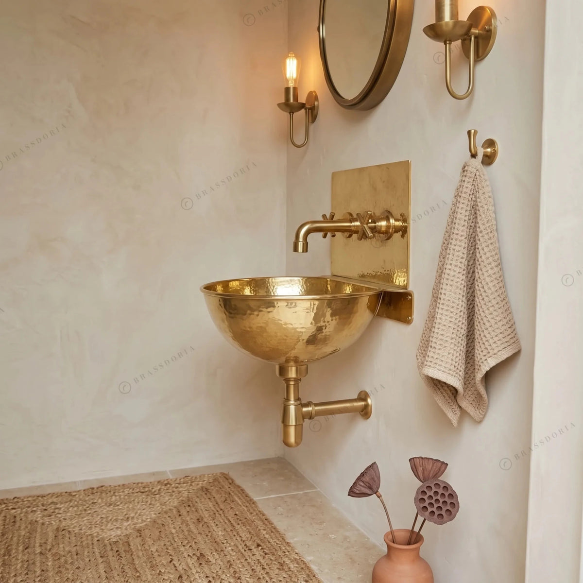 Unlacquered Brass Wall Mount Sink with Mixed Faucet – Hammered Wall-Hung Basin Set - BRASSDORIA
