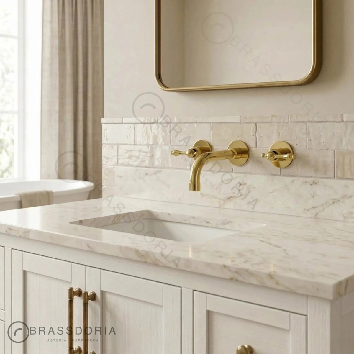 Unlacquered Brass Wall-Mounted Kitchen & Bathroom Faucet – Lever Handles - BRASSDORIA