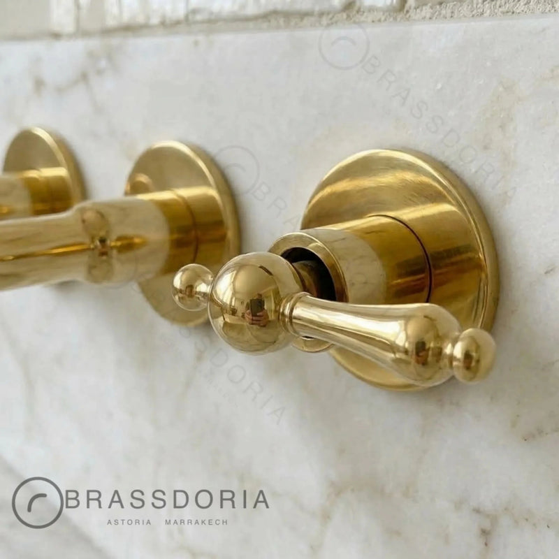 Unlacquered Brass Wall-Mounted Kitchen & Bathroom Faucet – Lever Handles - BRASSDORIA