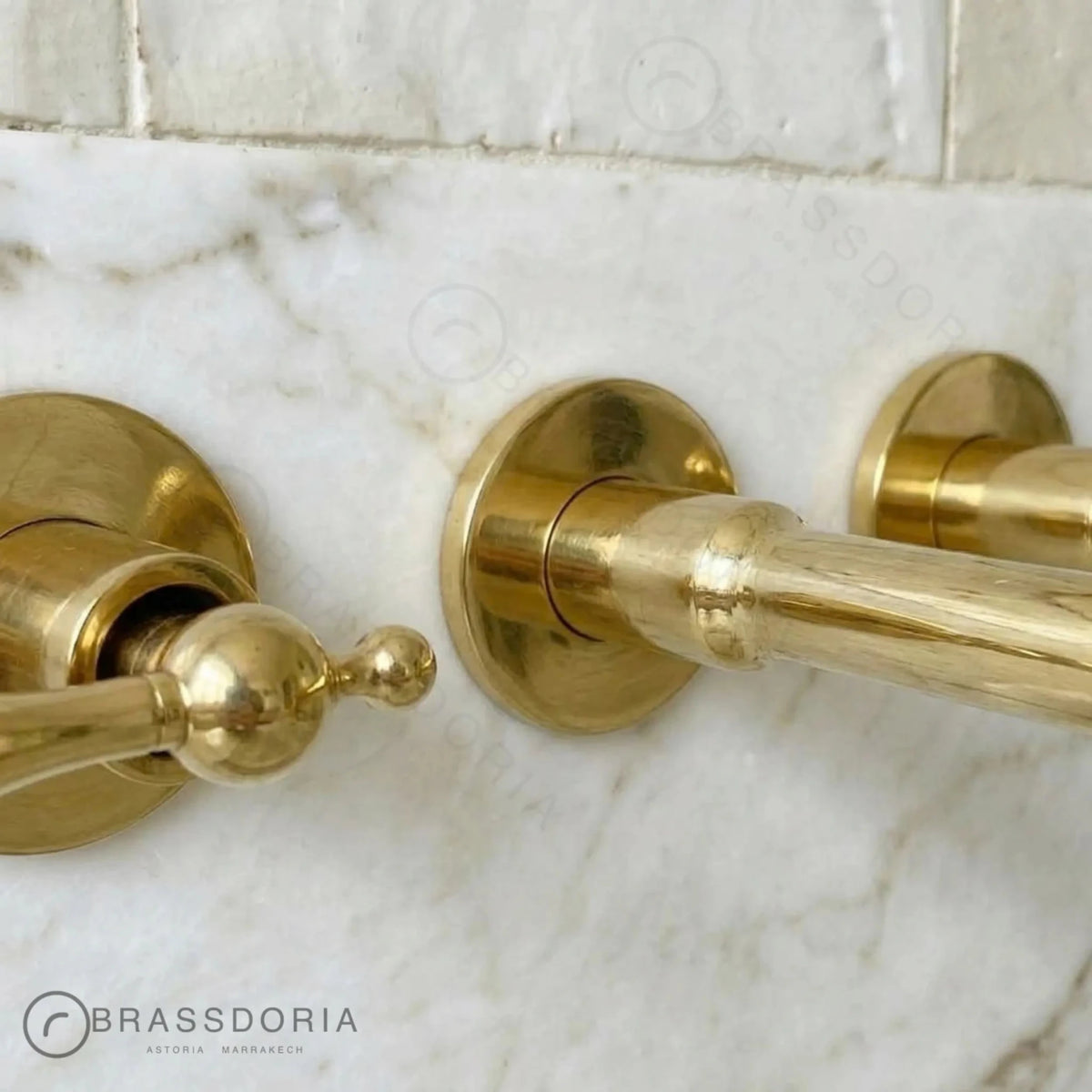 Unlacquered Brass Wall-Mounted Kitchen & Bathroom Faucet – Lever Handles - BRASSDORIA