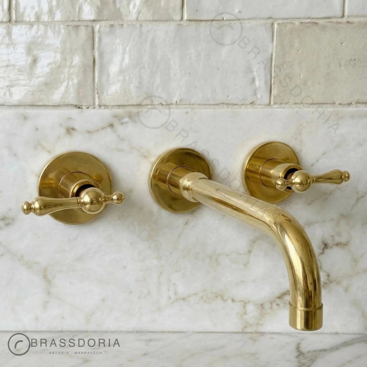 Unlacquered Brass Wall-Mounted Kitchen & Bathroom Faucet – Lever Handles - BRASSDORIA