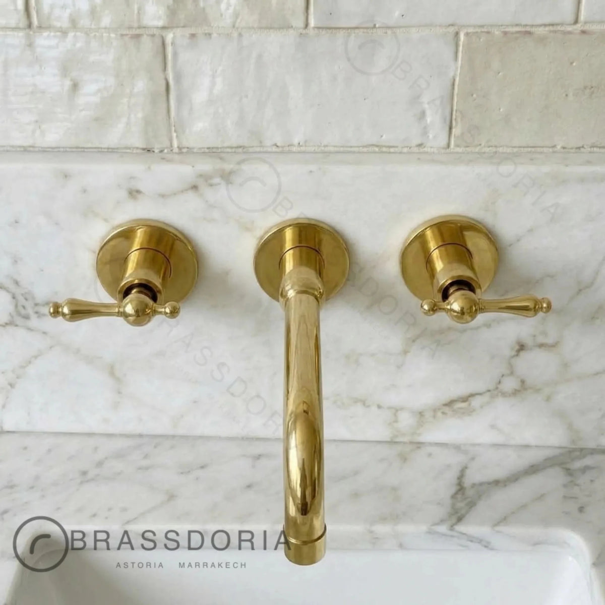 Unlacquered Brass Wall-Mounted Kitchen & Bathroom Faucet – Lever Handles - BRASSDORIA