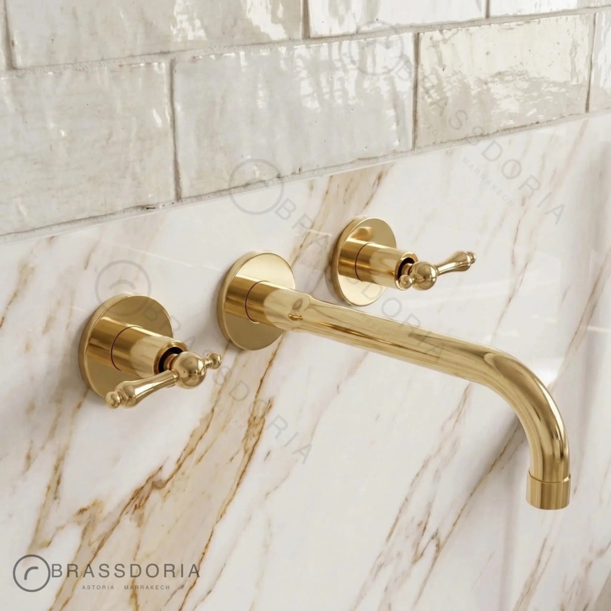Unlacquered Brass Wall-Mounted Kitchen & Bathroom Faucet – Lever Handles - BRASSDORIA