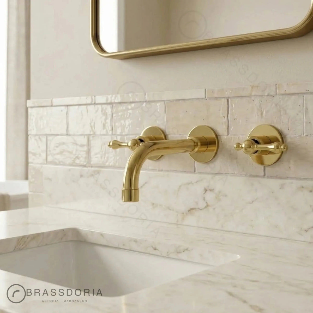 Unlacquered Brass Wall-Mounted Kitchen & Bathroom Faucet – Lever Handles - BRASSDORIA