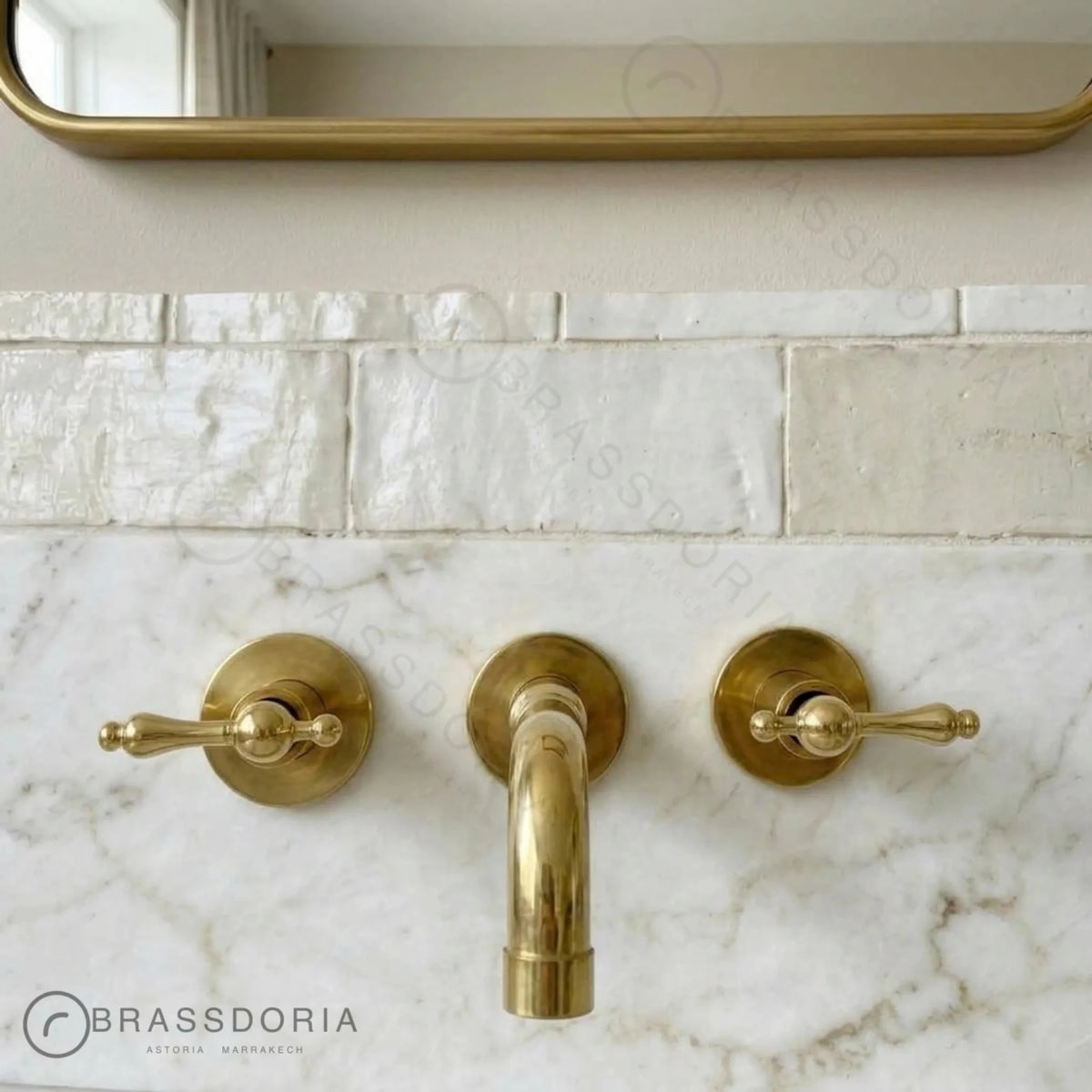 Unlacquered Brass Wall-Mounted Kitchen & Bathroom Faucet – Lever Handles - BRASSDORIA