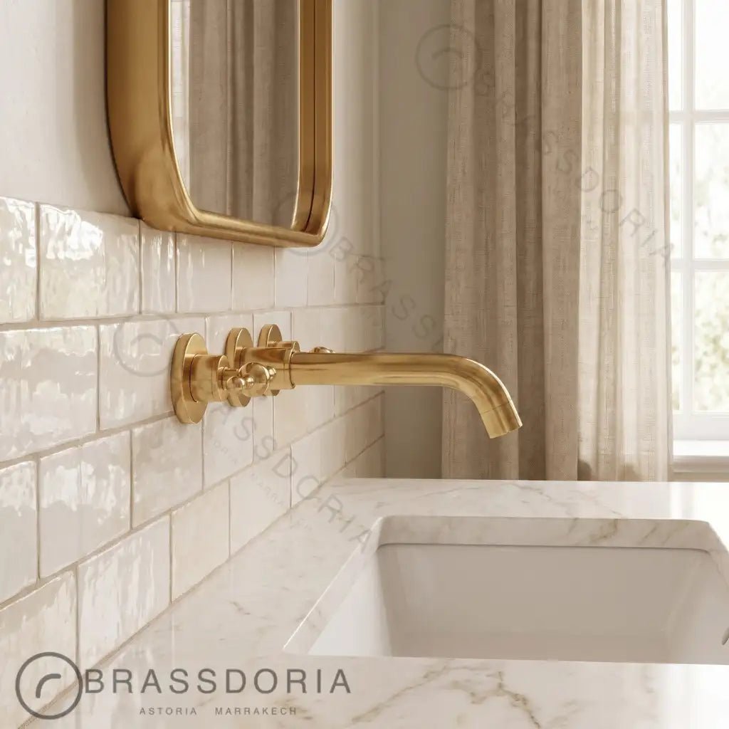 Unlacquered Brass Wall-Mounted Kitchen & Bathroom Faucet – Traditional Handles - BRASSDORIA