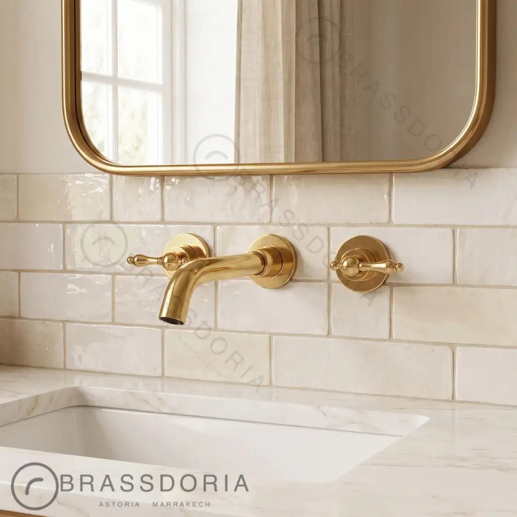 Unlacquered Brass Wall-Mounted Kitchen & Bathroom Faucet – Traditional Handles - BRASSDORIA