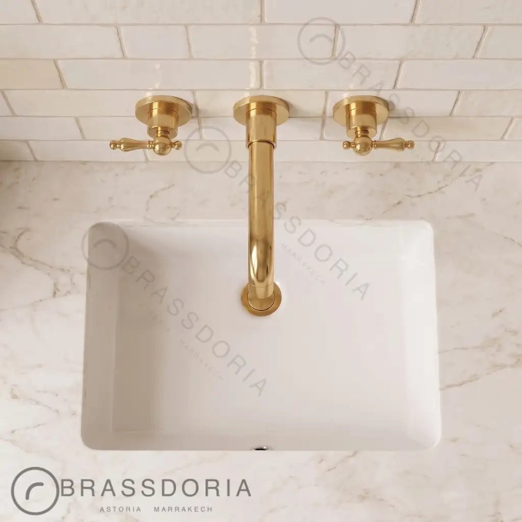 Unlacquered Brass Wall-Mounted Kitchen & Bathroom Faucet – Traditional Handles - BRASSDORIA