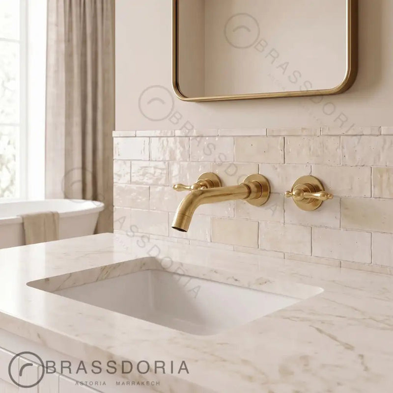Unlacquered Brass Wall-Mounted Kitchen & Bathroom Faucet – Traditional Handles - BRASSDORIA
